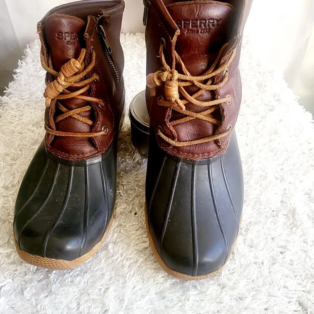 Sperry leather trim duck boots hunter green and brown